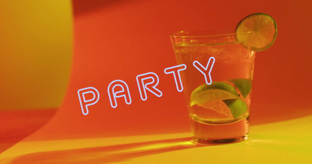 Image of party neon text and cocktails on orange background. Party, drink, entertainment and...