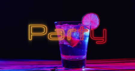 Image of party neon text and cocktail on black background. Party, drink, entertainment and celebration concept digitally generated image.の写真素材