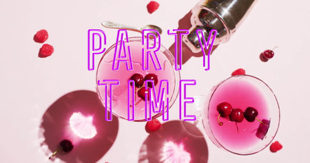 Image of party time neon text and cocktails on white background. Party, drink, entertainment and celebration concept digitally generated image.の写真素材