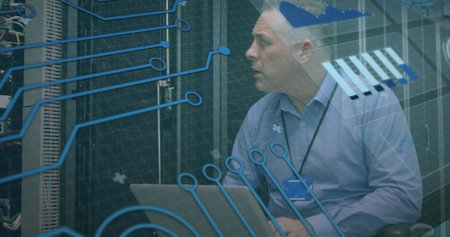 Image of scan scoping over caucasian male server room worker. Global connections, data processing...