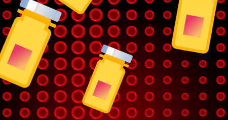 Image of yellow pills over red cells on black background. Human biology, anatomy and body concept digitally generated image.の写真素材