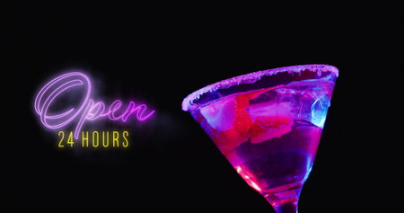 Image of open 24 hours neon text and cocktail on black background. Party, drink, entertainment and celebration concept digitally generated image.の写真素材