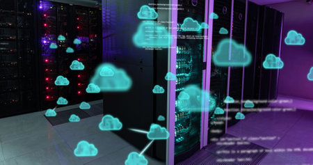 Image of cloud icons and data processing over computer servers. Global connections, digital...
