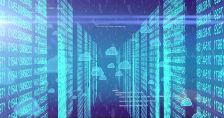 Image of cloud icons, data processing and connections over computer servers. Global connections,...