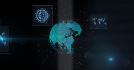 Image of data processing over globe. Global business and digital interface concept digitally generated image.の写真素材