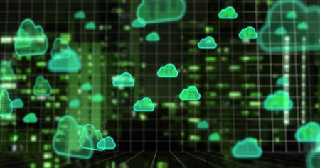 Image of cloud icons and data processing over cityscape. Global connections, digital interface, data processing and cloud computing concept digitally generated image.の写真素材
