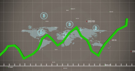 Image of financial data processing over world map and bitcoin symbols. Global cryptocurrency, business, finance, data processing and global economy concept digitally generated image.の写真素材