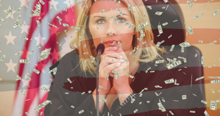 Image of judge and banknotes falling over american flag. patriotism and celebration concept...