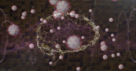 Image of human brain and dna strand spinning and covid 19 cells floating over black background. global covid 19 pandemic concept digitally generated image.の写真素材