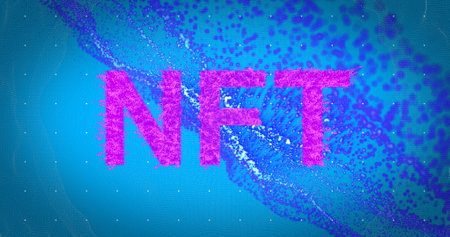 Purple nft text banner against blue digital wave on blue background. cryptocurrency and art technology conceptの写真素材
