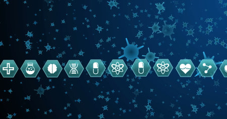 Image of hexagons with scientific icons over blue cells on navy background. Human biology, anatomy...