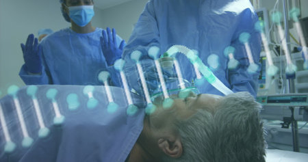 Image of dna over caucasian doctors and senior patient before operation. Scinece, health and...