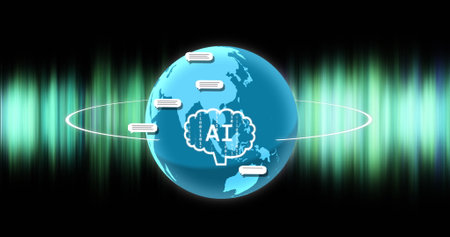 Image of ai chat and data processing on over globe on green and purple background. Global artificial...