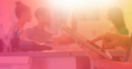 Image of group of business people with yellow to pink tint. global business, finances and technology...