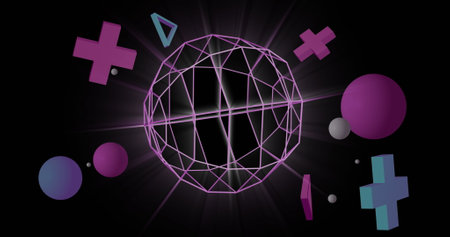 Image of 3d pink shapes on black background. Global connections, digital interface and data...
