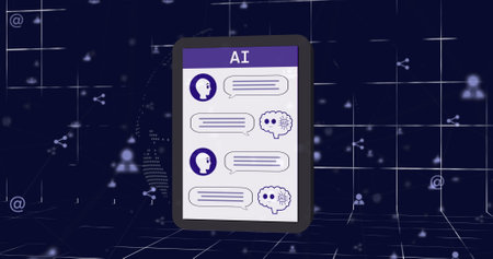 Image of ai chat and data processing over tablet screen and grid. Global artificial intelligence,...