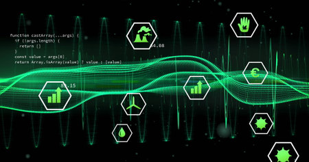 Image of moving green wave and icons over dark background. Cloud computing, digital interface and...