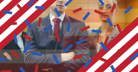 Image of confetti coloured in american flag over business people. patriotism and celebration concept...