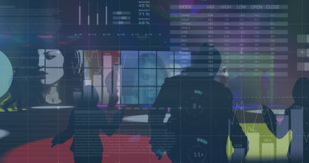 Image of financial data processing over people dancing. global business, connections and data processing concept digitally generated image.の写真素材