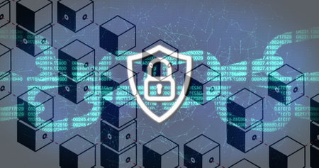Image of digital chain and padlock over shapes. global business, finances and digital interface...