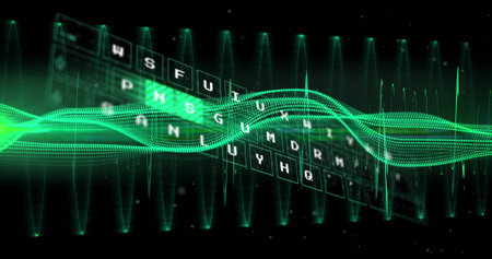 Image of moving green wave over dark background. Cloud computing, digital interface and security...