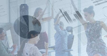 Image of financial data processing over business people. global business, connections and data...