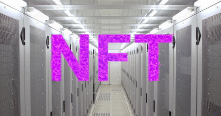 Image of nft text over server room. global business, finances and digital interface concept digitally generated image.の写真素材