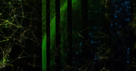 Image of moving shapes on black background. Global business and digital interface concept digitally...