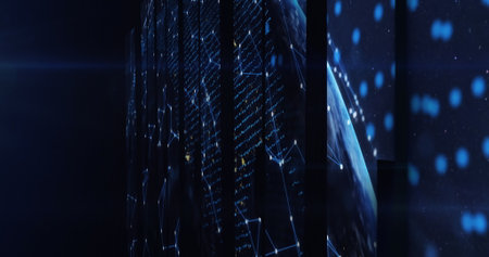 Image of data processing and globe on black background. Global business and digital interface...
