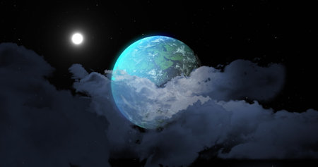 Image of blue planet over night sky with moon. Planets, cosmos and universe concept digitally...