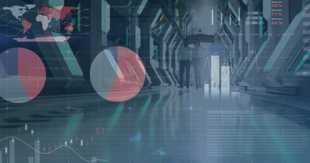 Image of financial data processing over business people. global business, connections and data...