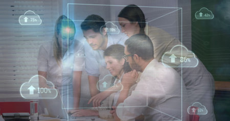 Image of financial data processing over businesses people. global business, finances, data processing and digital interface concept digitally generated image.の写真素材