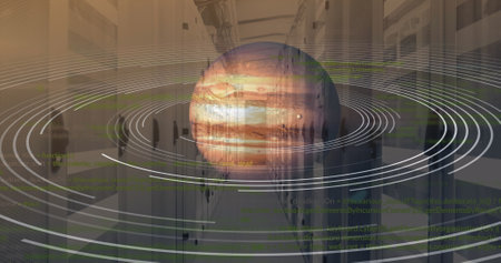 Image of brown planet over servers. Planets, astronomy, cosmos and technology concept digitally...