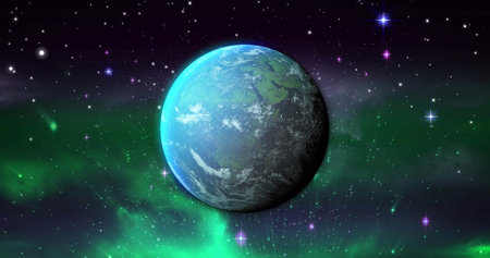 Image of blue planet over violet and green space with stars. Planets, cosmos and universe concept...