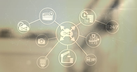 Network of digital icons and network of connections against warehouse in background. global...