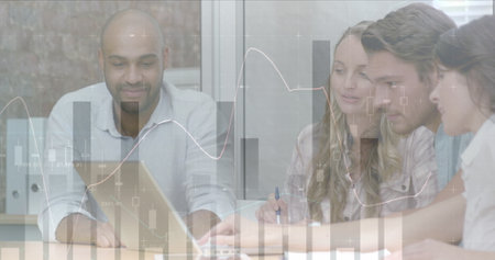 Image of financial data processing over businesses people. global business, finances, data...