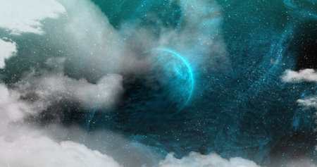 Image of blue planet over sky and clouds. Planets, cosmos and universe concept digitally generated...