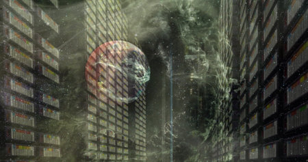 Image of brown planet and smoke over servers. Computers, data processing, astronomy and cosmos concept digitally generated image,の写真素材