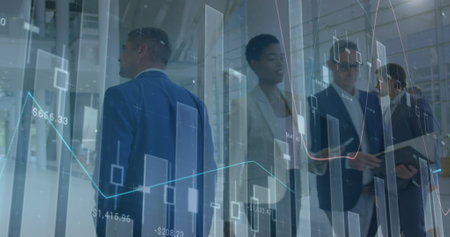 Image of financial data processing over business people. global business, connections and data processing concept digitally generated image.の写真素材