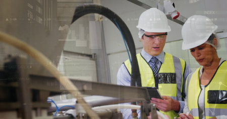 Image of statistics processing over male and female workers in factory. business, development and...