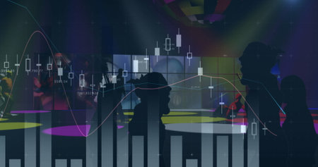Image of financial data processing over people dancing. global business, connections and data processing concept digitally generated image.の写真素材
