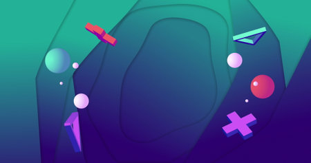 Image of abstract shapes moving on green to blue background. Global connections, digital interface...
