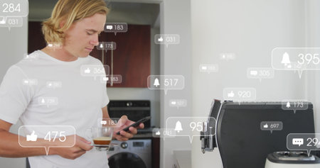Image of social media notifications over using smartphone having coffee in sunny kitchen. social...