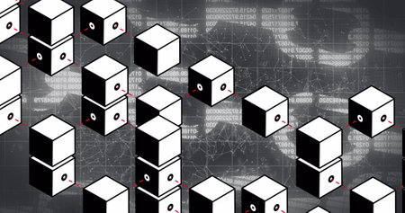 Multiple cubical blocks over network of connections and security chain icon against black...