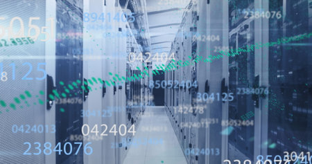 Multiple changing numbers floating against computer server room. computer interface and business...
