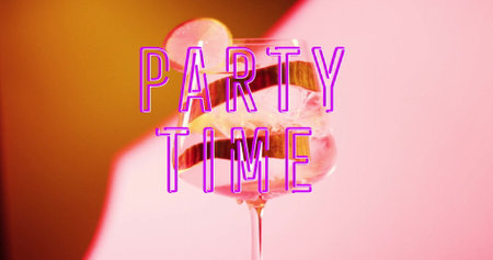 Image of party time neon text and cocktail on pink background. Party, drink, entertainment and celebration concept digitally generated image.の写真素材