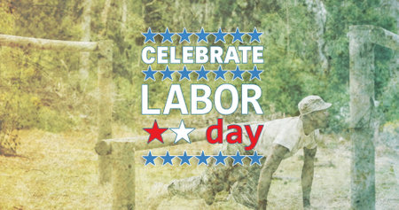 Image of labor day text over soldier exercising. patriotism and celebration concept digitally generated image.の写真素材