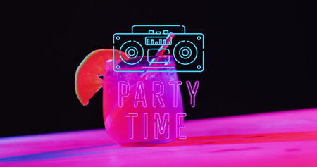 Image of party time neon text and cocktail on pink and black background. Party, drink, entertainment...