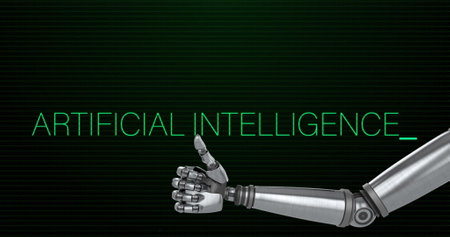 Image of artificial intelligence text over robotic arm. Global business and digital interface...