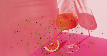 Image of confetti falling and cocktails on pink background. Party, drink, entertainment and celebration concept digitally generated image.の写真素材